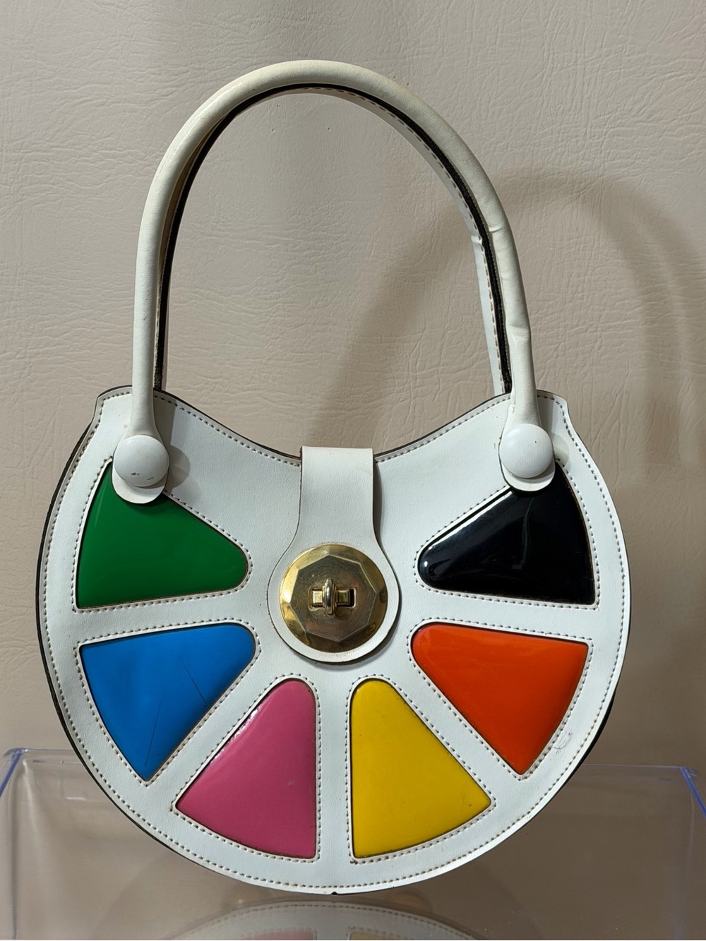 Vintage Mahler California White Color Block  hand Purse wood & Leather